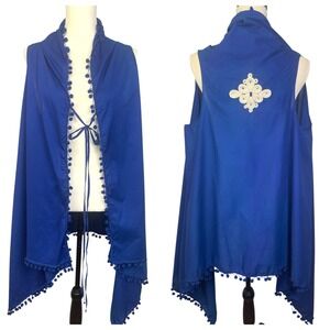NWT Gallabia Blue Embroidered Pom Pom Sleeveless Kimono Duster Robe Kaftan